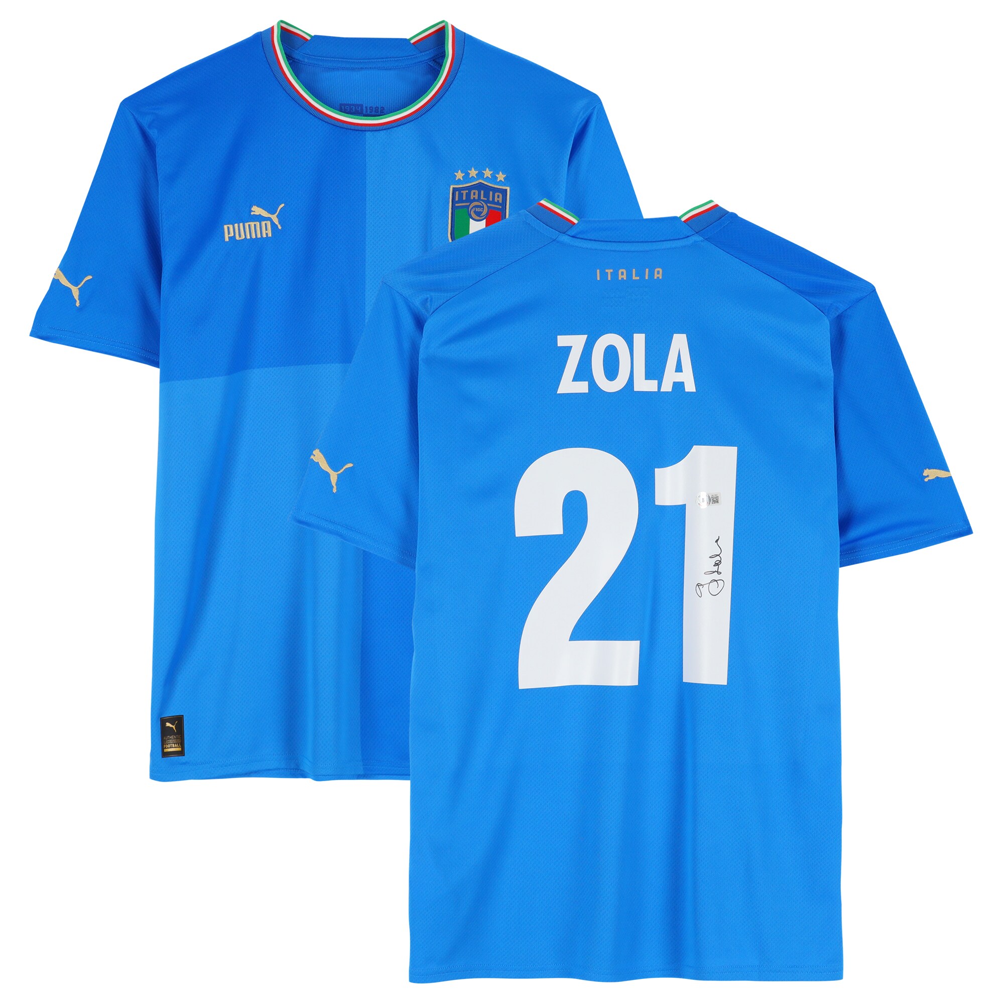 gianfranco zola italy national team autographed fanatics authentic 2022-23 blue home puma jersey – bas Collection – England Football Jerseys and Shirts