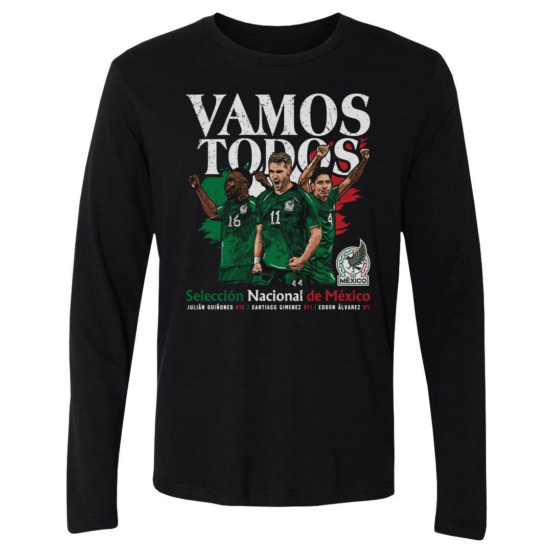 mexico national team 500 level vamos todos julián quiñones santiago giménez amp edson Álvarez long sleeve t-shirt – black Collection – England Football Jerseys and Shirts