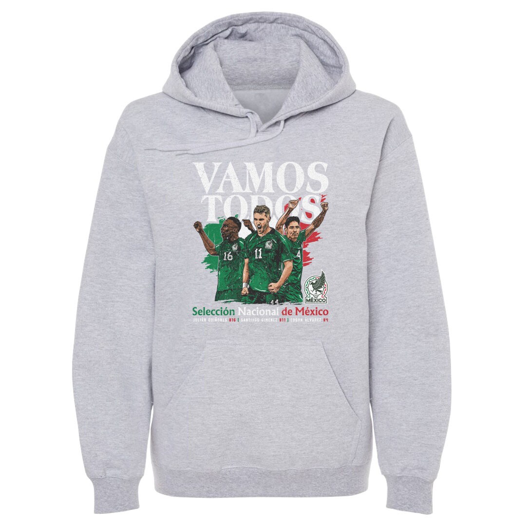 mexico national team 500 level vamos todos julián quiñones santiago giménez amp edson Álvarez pullover hoodie – gray Collection – England Football Jerseys and Shirts