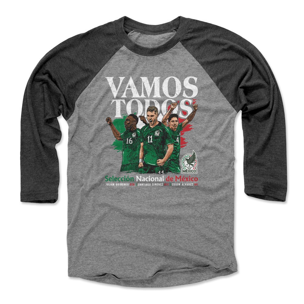 mexico national team 500 level vamos todos julián quiñones santiago giménez amp edson Álvarez raglan 34-sleeve baseball t-shirt – black Collection – England Football Jerseys and Shirts