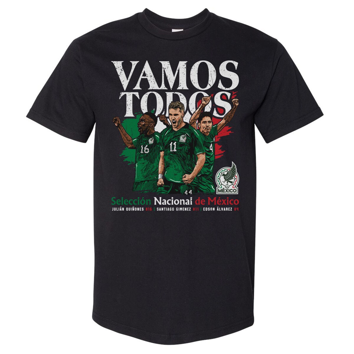 mexico national team 500 level vamos todos julián quiñones santiago giménez amp edson Álvarez t-shirt – black Collection – England Football Jerseys and Shirts