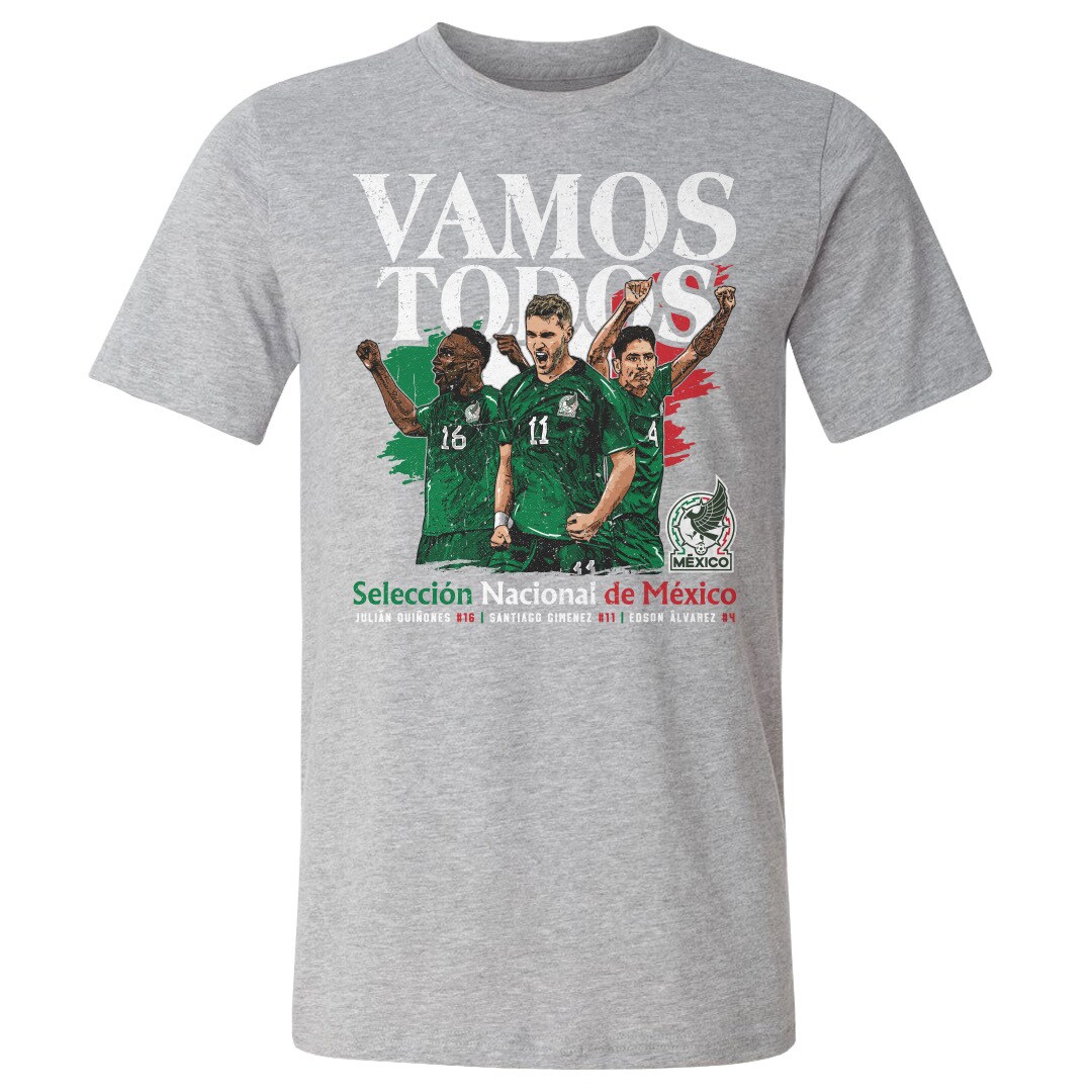 mexico national team 500 level vamos todos julián quiñones santiago giménez amp edson Álvarez t-shirt – heather gray Collection – England Football Jerseys and Shirts
